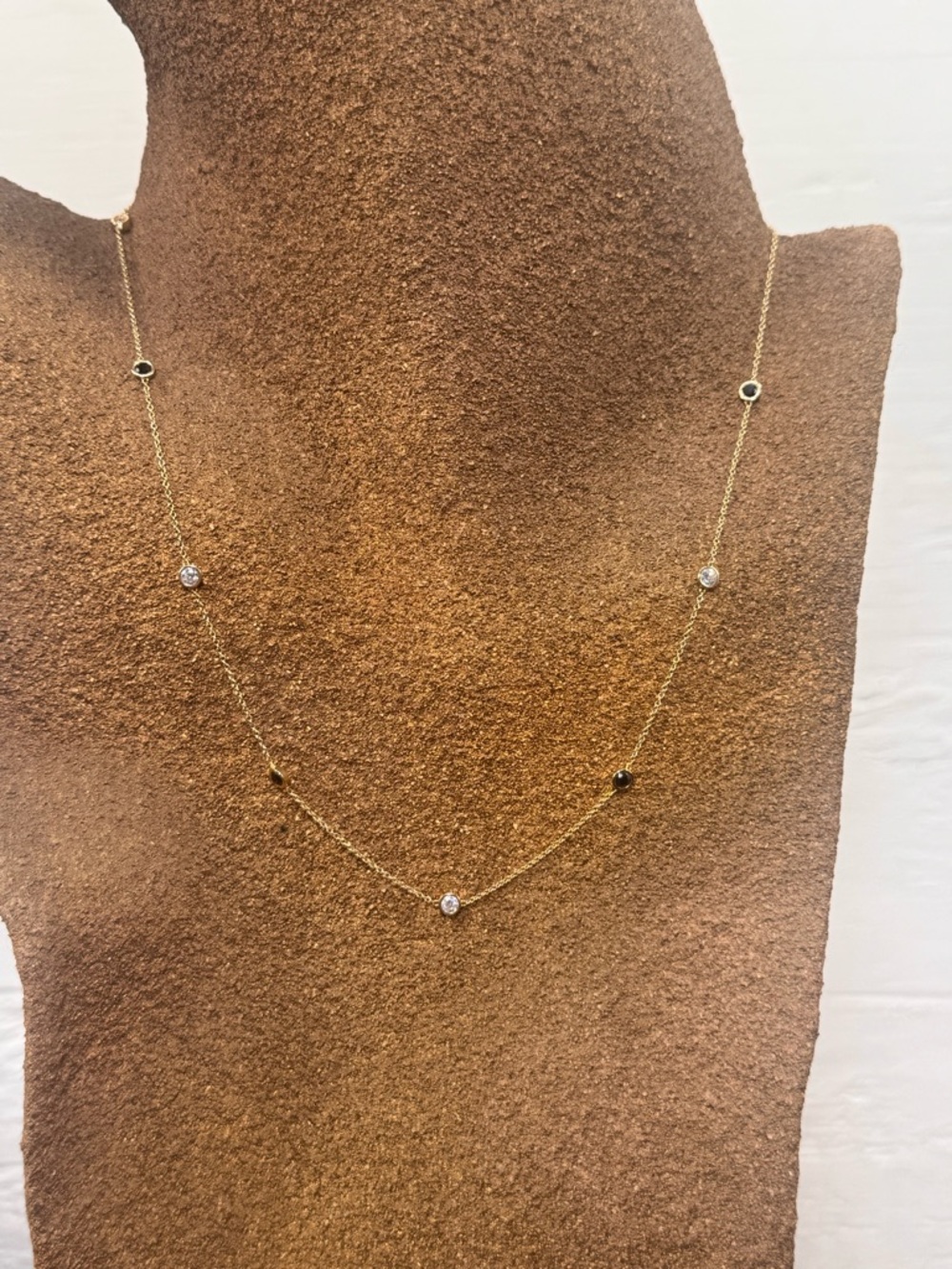 14K Gold Black Diamond Station Necklace White Diamond Accents 18.75”
